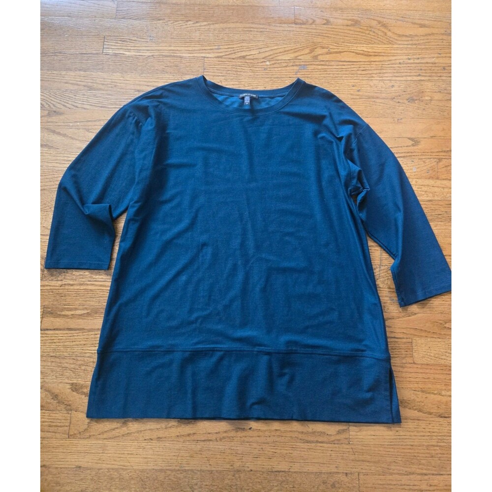 Eileen Fisher Tunic Womens Small Teal Solid 3/4 Sleeve Stretch Jersey Top